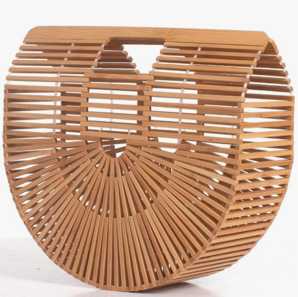 Bamboo Pool Tote Beach Bag Tan Brown Woven Wood Wicker Hippie Purse Bohemian - Picture 5 of 10